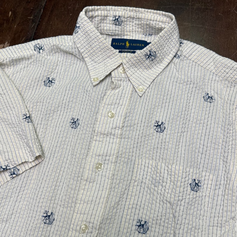 Polo Ralph Lauren Button Down Shirt Mens M Off White Seersucker Anchor Dog Print